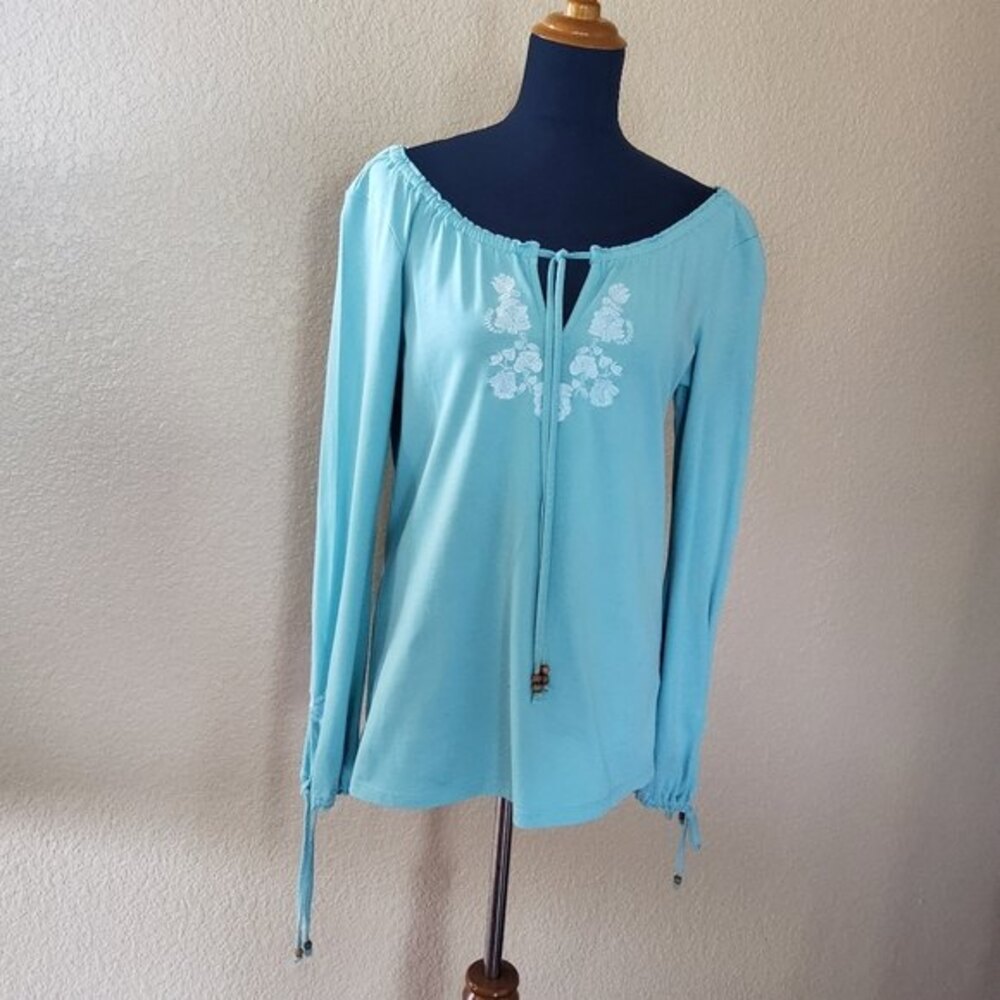True Grit Embroidered Peasant Tunic Top Size S Blue